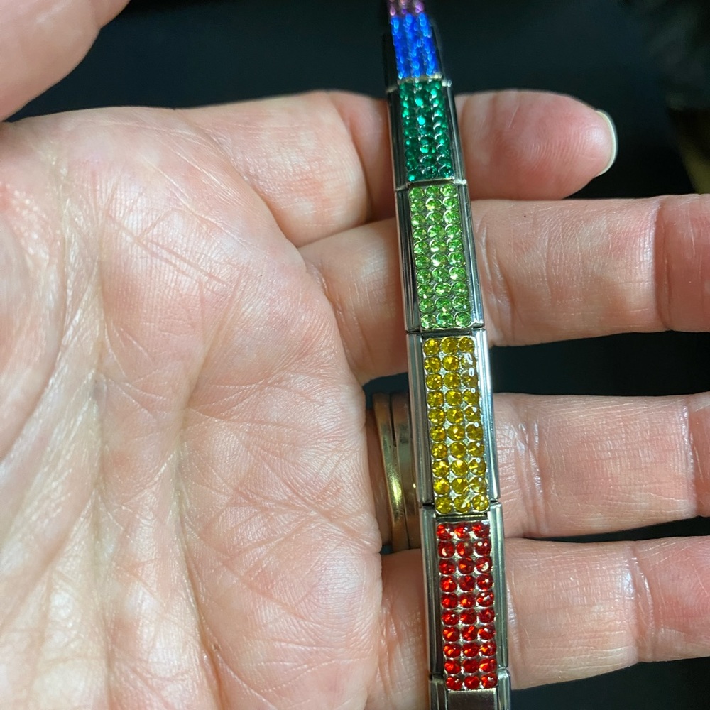 Pride Rainbow Italian Charm Bracelet (6) Rhinestones Stainless Steel w/x links. - Picture 7 of 10